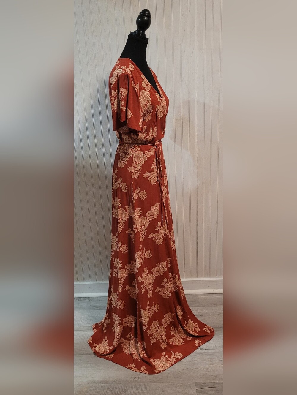NWT Lulus Heart of Marigold Rust Red Floral Print Wrap Maxi Dress Size Medium - Picture 4 of 14
